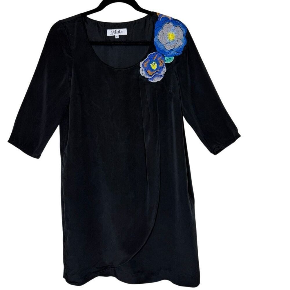 Tibi New York Black Silk Elbow Sleeve Dress W/Floral Embroidery Size S